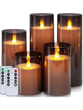 Set of 5 Gray Flickering Flameless LED Pillar Candles with Remote & Timer